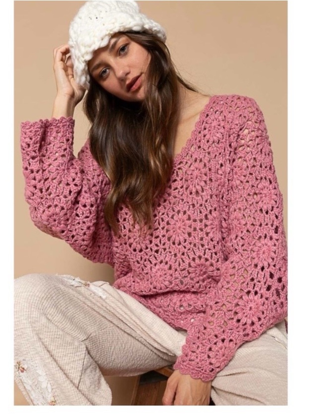POL Dusty Pink Floral Crochet Open Knit V Neck Bell sleeves Oversized Medium